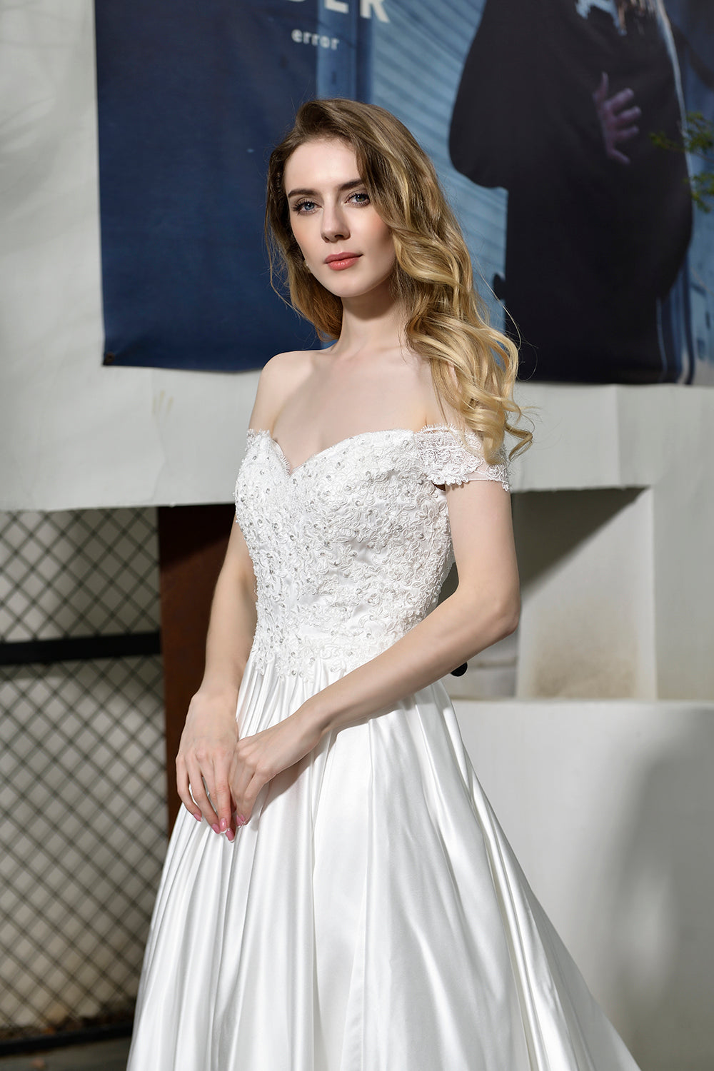 Elegant Long A-line Off the Shoulder Lace Satin Wedding Dresses
