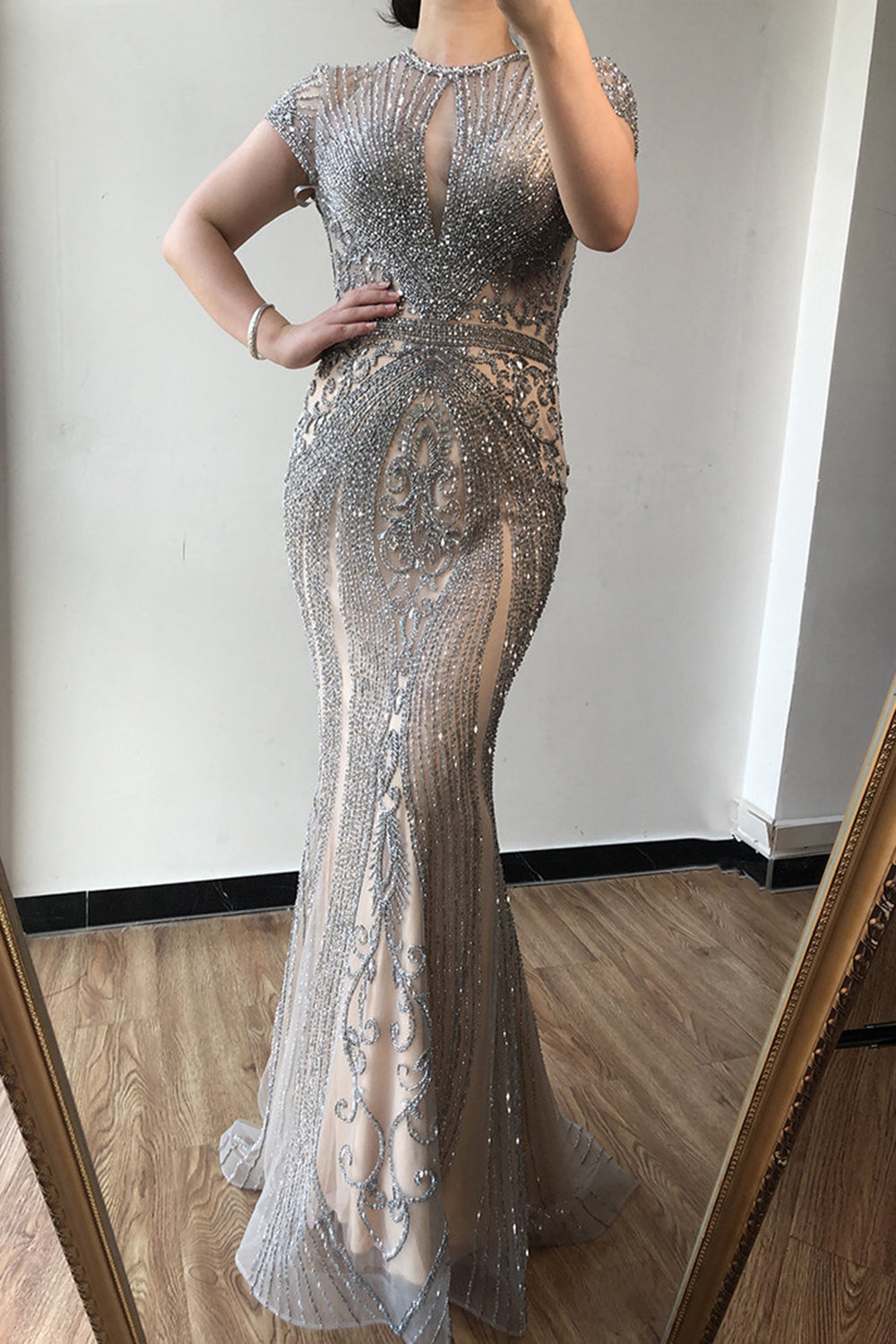 Long Mermaid Jewel Satin Beads Formal Evening Dresses