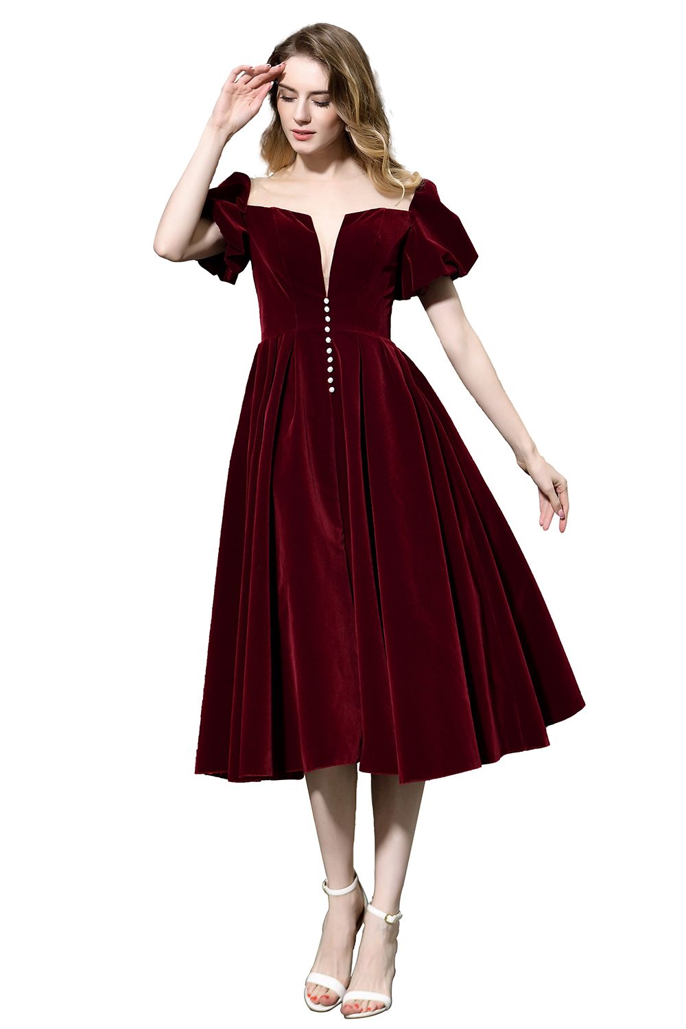 Burgundy Velvet A-line V-neck Short Formal Evening Dress with Bubble Sleeve