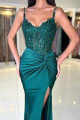 Long Mermaid Sweetheart Satin Lace Prom Dresses with Slit