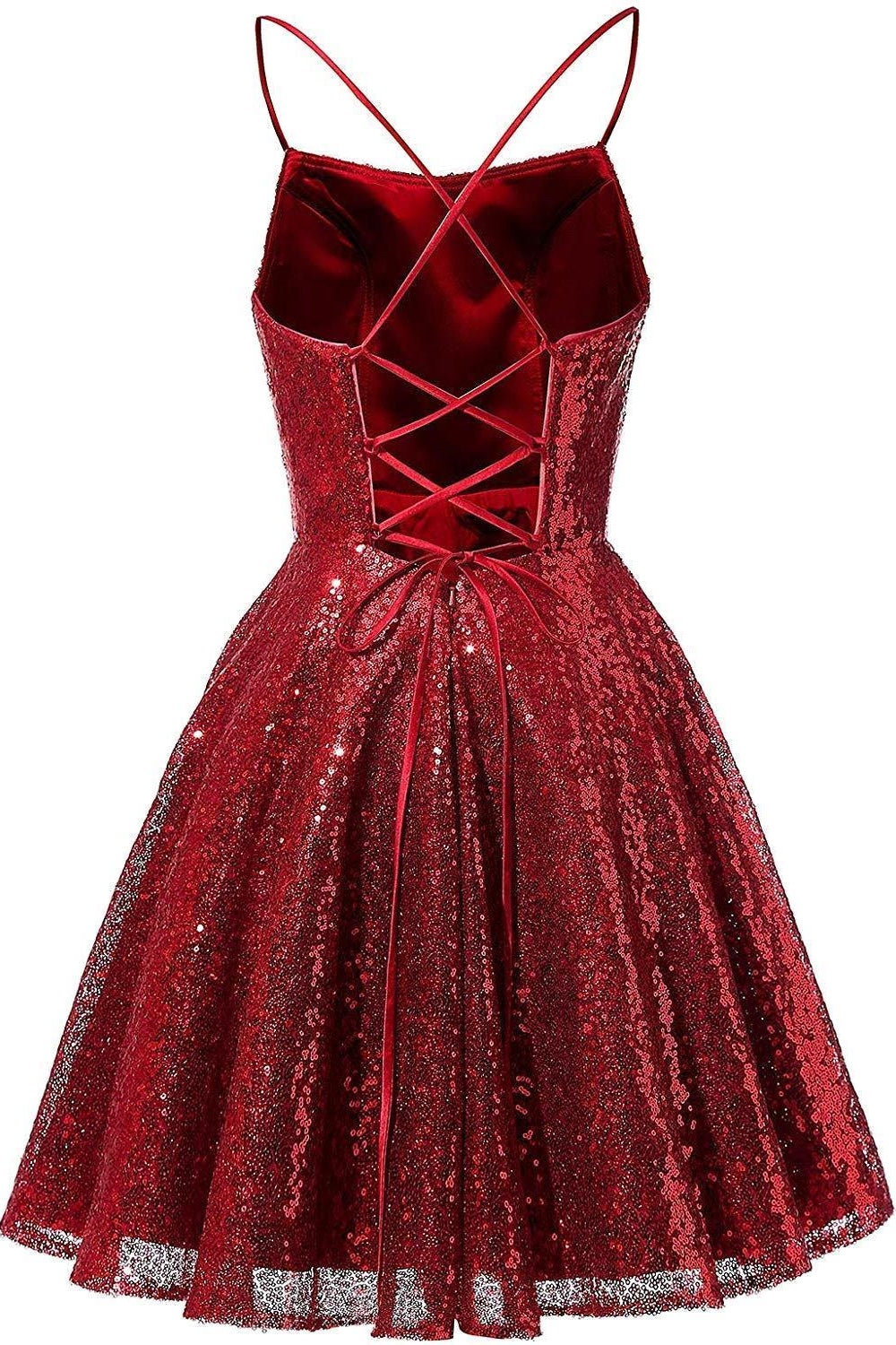 Short A-line Sparkly Spaghetti Straps Sequins Backless Homecoming Dresses