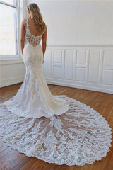Long Sweetheart Straps Lace Appliques Tulle Mermaid Wedding Dresses