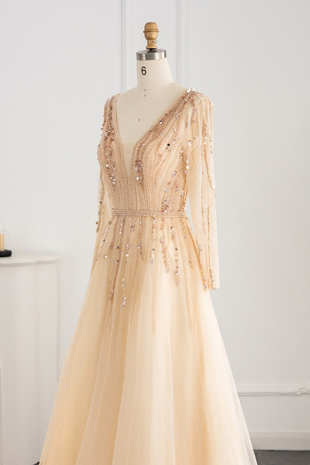 Long A-line V-neck Sequins Beading Tulle Formal Prom Dresses with Sleeves