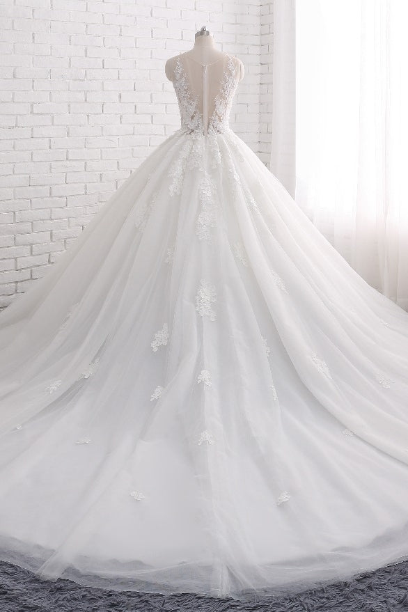 Elegant Long Ball Gown Tulle Court Train Wedding Dress with Appliques Lace