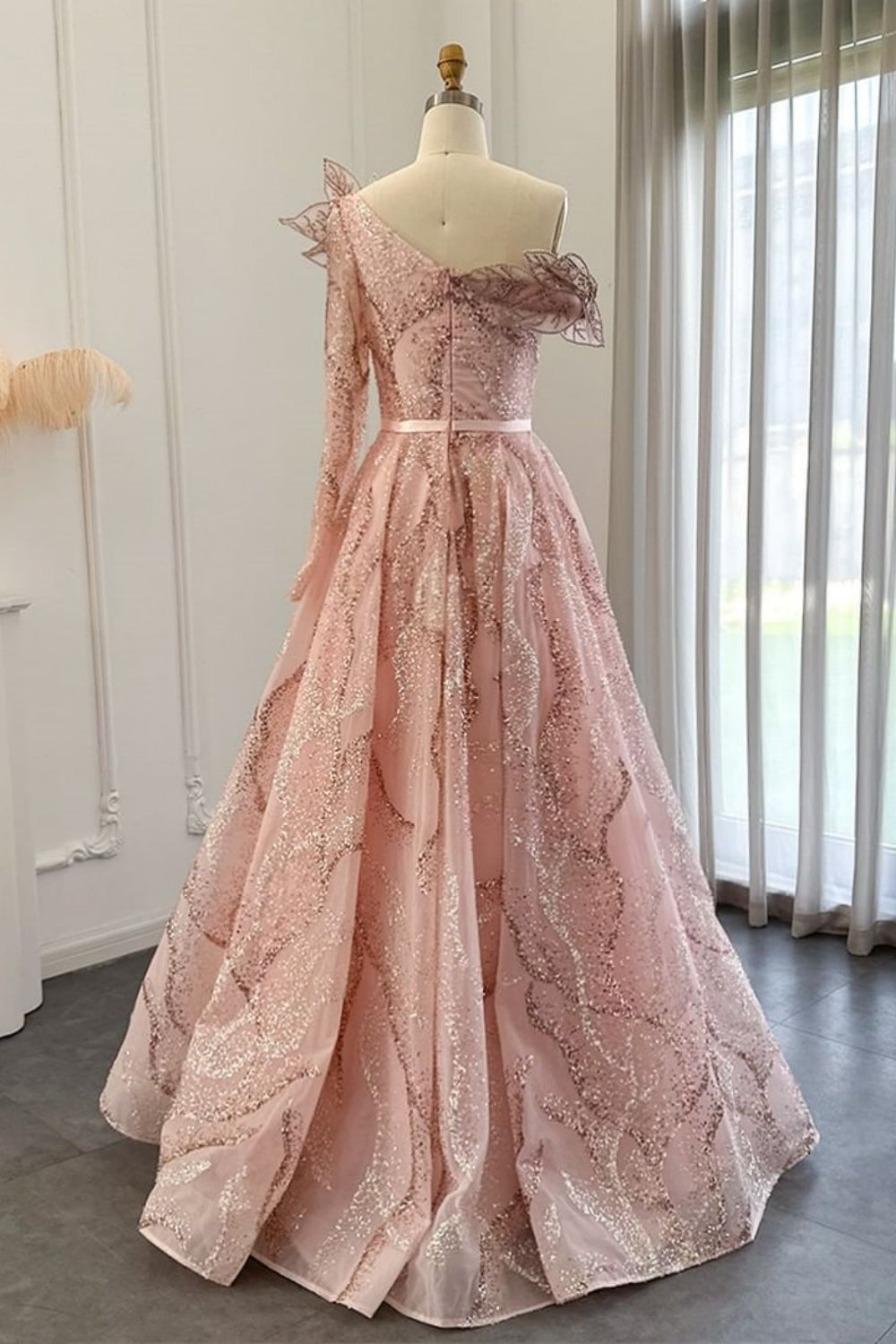 Luxury Long A-line One Shoulder Shiny Sequins Formal Prom Dress with Sash