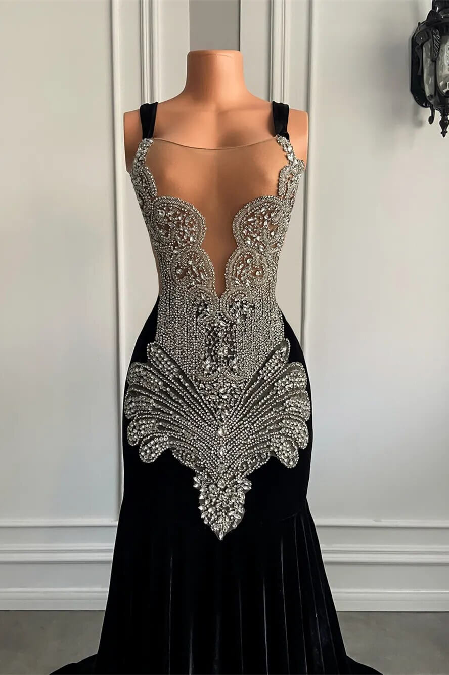 Long Velvet Appliques Spaghetti Straps Mermaid Prom Dress with Beads