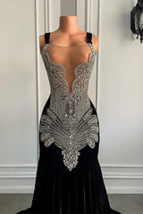 Long Velvet Appliques Spaghetti Straps Mermaid Prom Dress with Beads