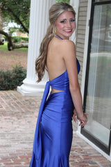Long Halter V-Neck Open Back Mermaid Satin Plue Size Prom Dress