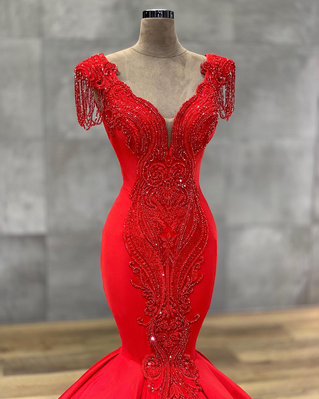 Red Long Tassel Short Sleeve Sequins Mermaid Prom Dresses