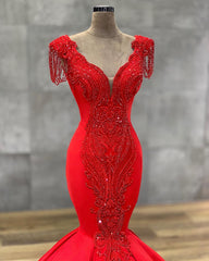 Red Long Tassel Short Sleeve Sequins Mermaid Prom Dresses