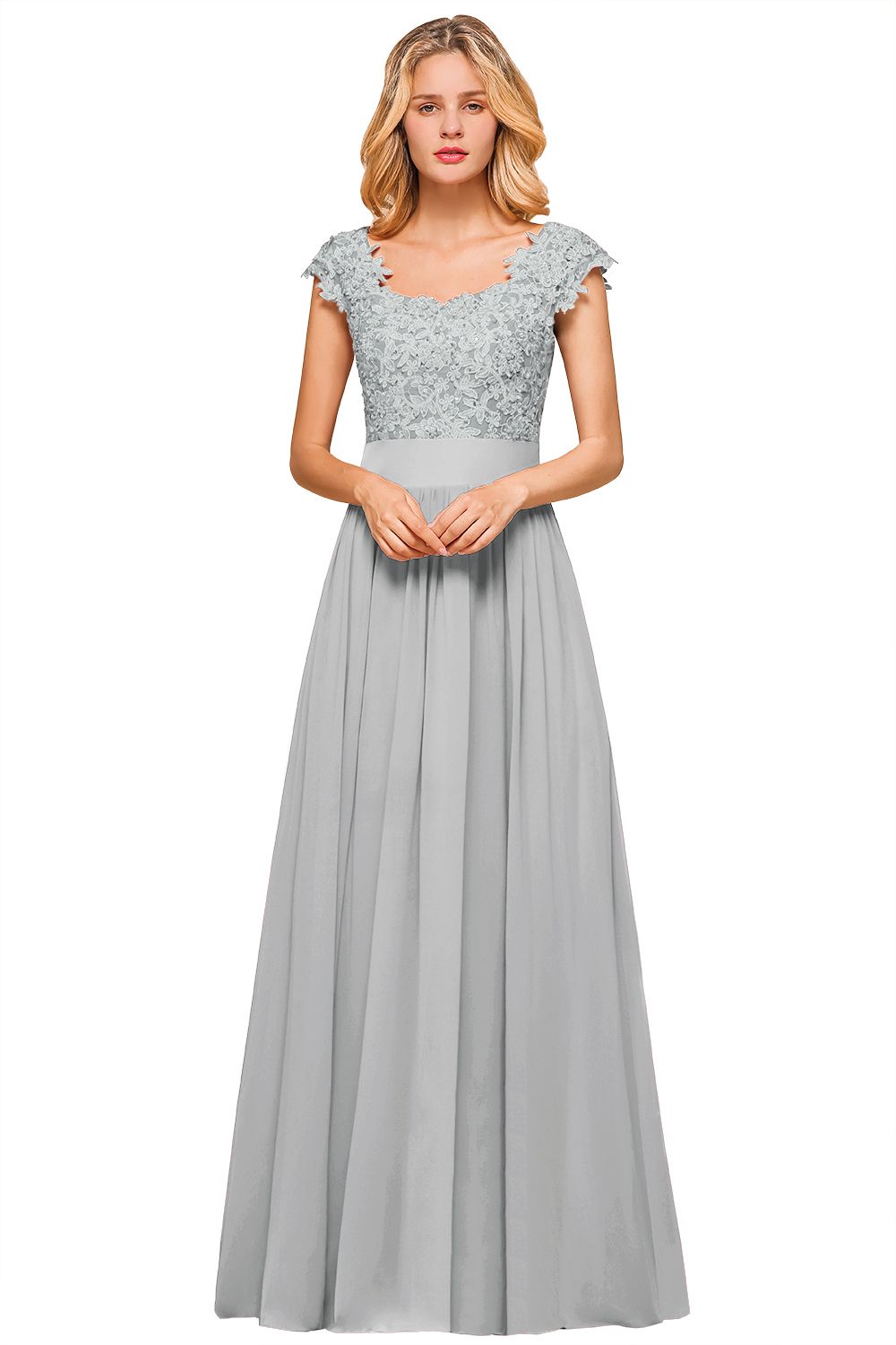 Dusty Blue Long A-line Cap sleeves Lace Bridesmaid Dresses with Appliques