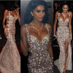 Long Mermaid Spaghetti Straps Sweetheart Sequined Prom Dress with Slit