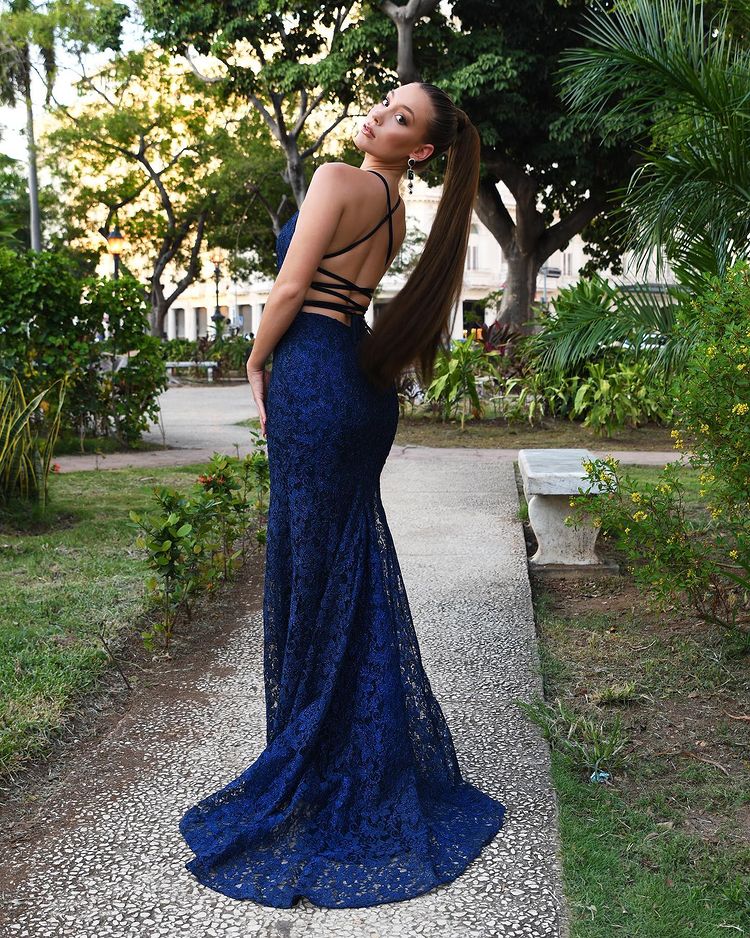 Dark Navy Long Mermaid Spaghetti Straps Backless Lace Prom Dresses