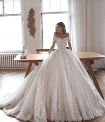 Long Off the Shoulder Ball Gown Lace Tulle Wedding Dresses with Long Sleeves