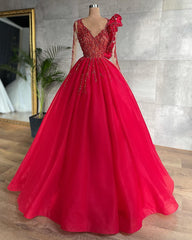 Long Ball Gown V-neck Long Sleeves Tulle Prom Dress