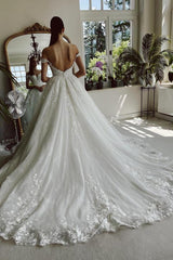 Elegant White Long A-line Off the Shoulder Tulle Lace Wedding Dresses