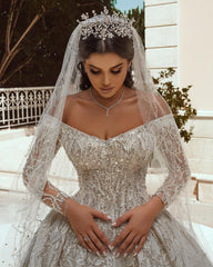 Luxurious Sequins Long Tulle Off the Shoulder Satin Ball Gown Wedding Dress with Sleeves