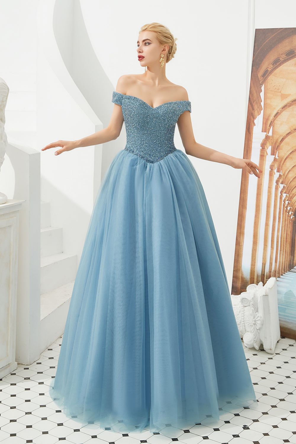 Long A-line Off the Shoulder Tulle Sequin Formal Dresses