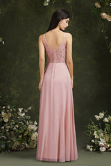 Long A-line Spaghetti Straps V-neck Floor Length Chiffon Formal Evening Dress