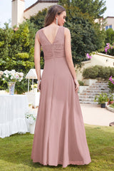 A-line Crew Neck Ruffle Chiffon Sleeveless Floral Lace Wedding Guest Dress