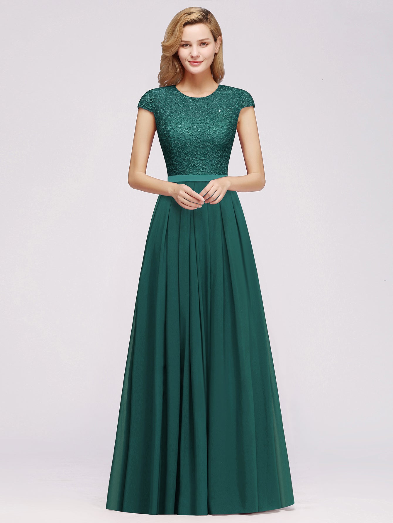Long A-line Chiffon Crew Neck Lace Floor Length Bridesmaid Dress