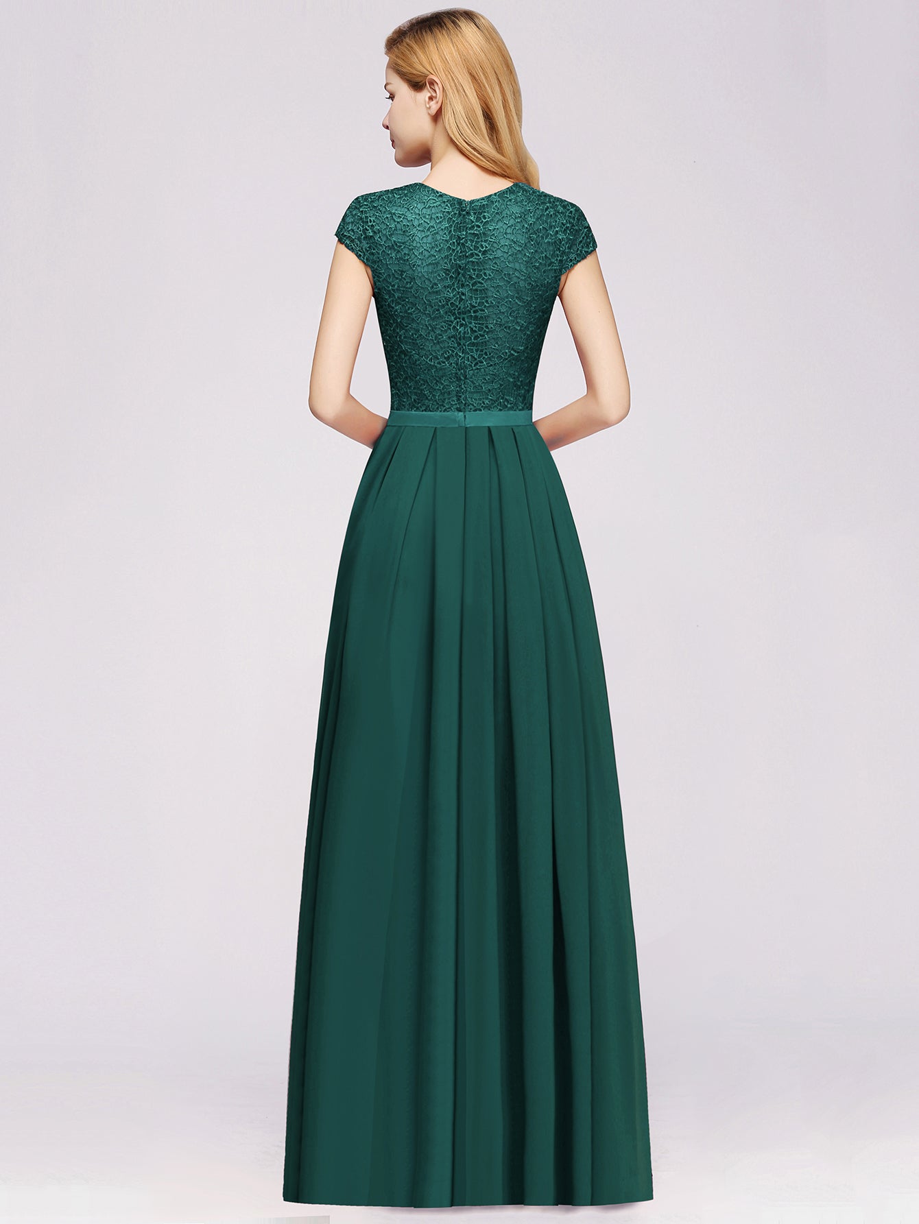 Long A-line Chiffon Crew Neck Lace Floor Length Bridesmaid Dress