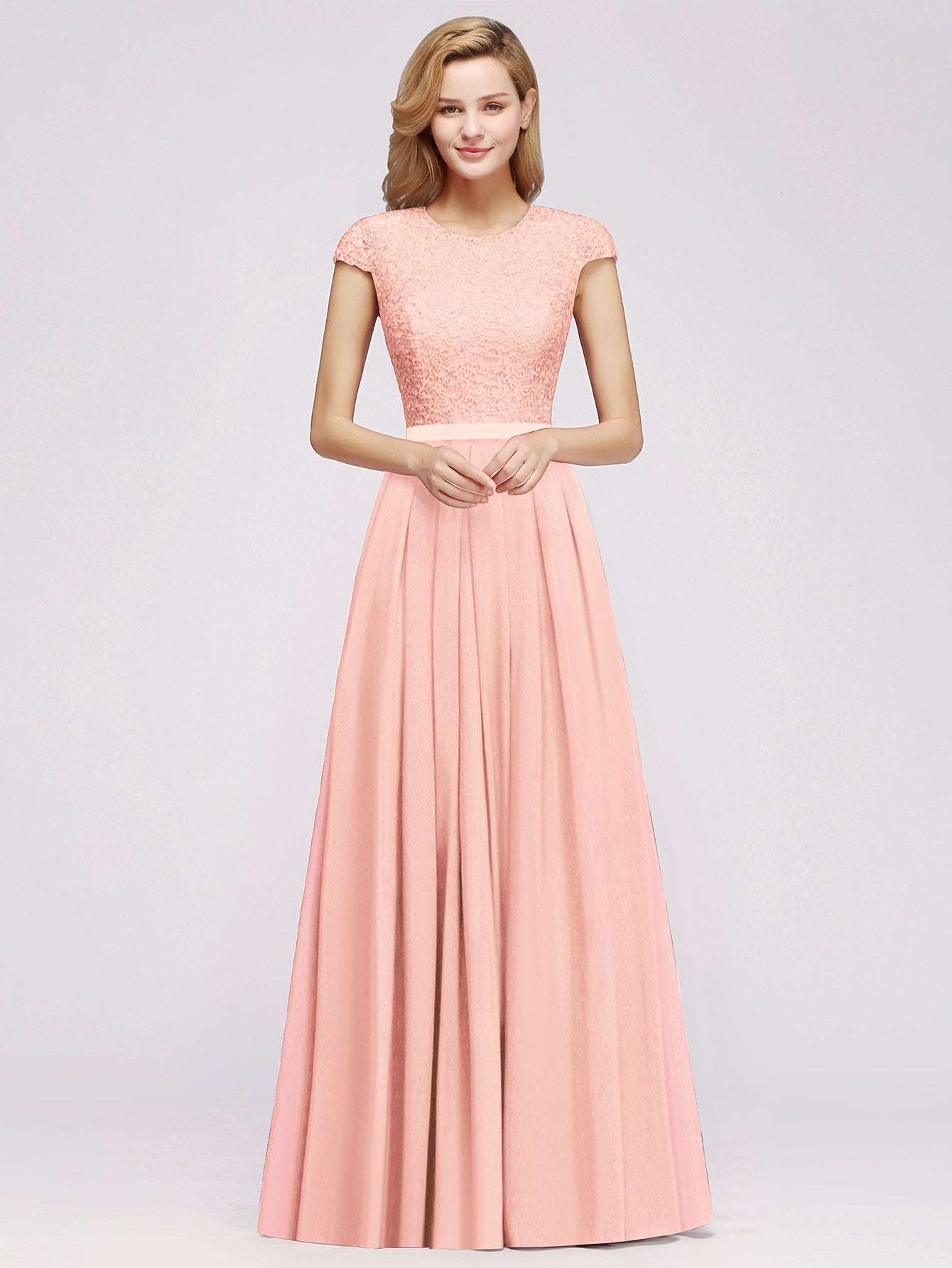 Long A-line Chiffon Crew Neck Lace Floor Length Bridesmaid Dress