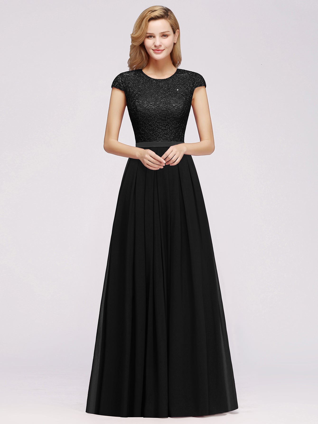 Long A-line Chiffon Crew Neck Lace Floor Length Bridesmaid Dress