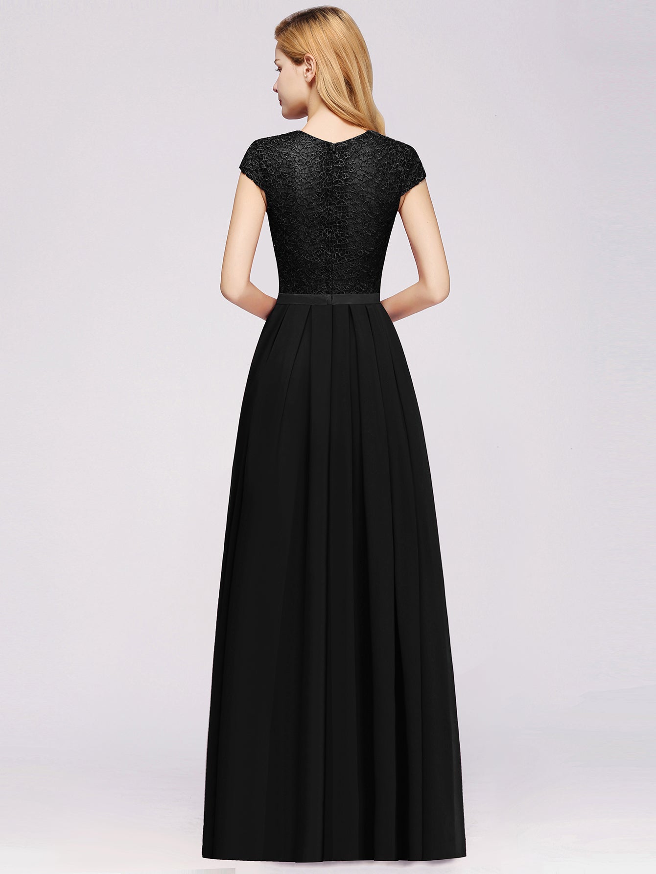 Long A-line Chiffon Crew Neck Lace Floor Length Bridesmaid Dress