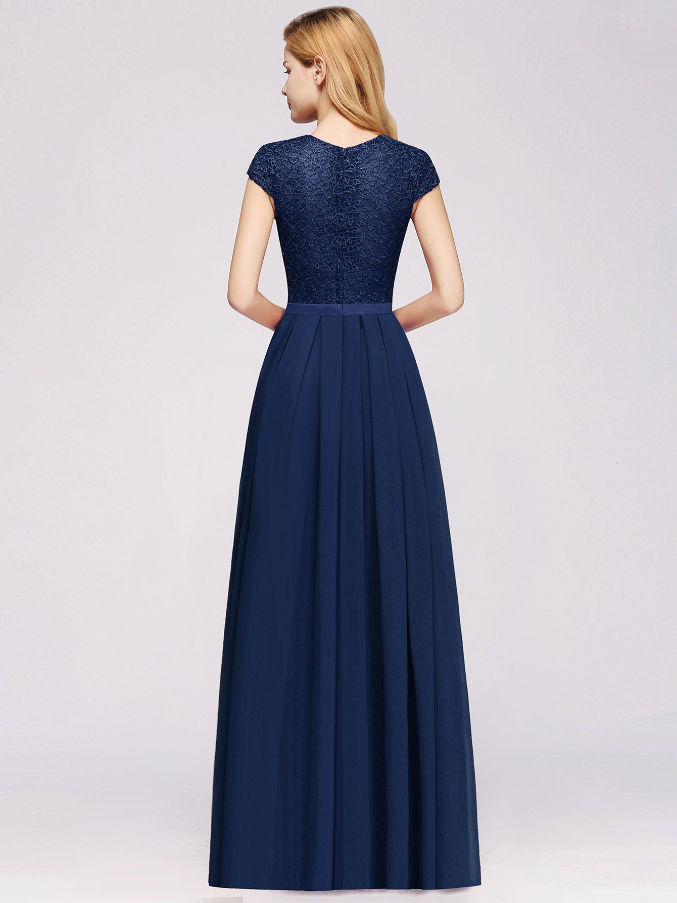 Long A-line Chiffon Crew Neck Lace Floor Length Bridesmaid Dress