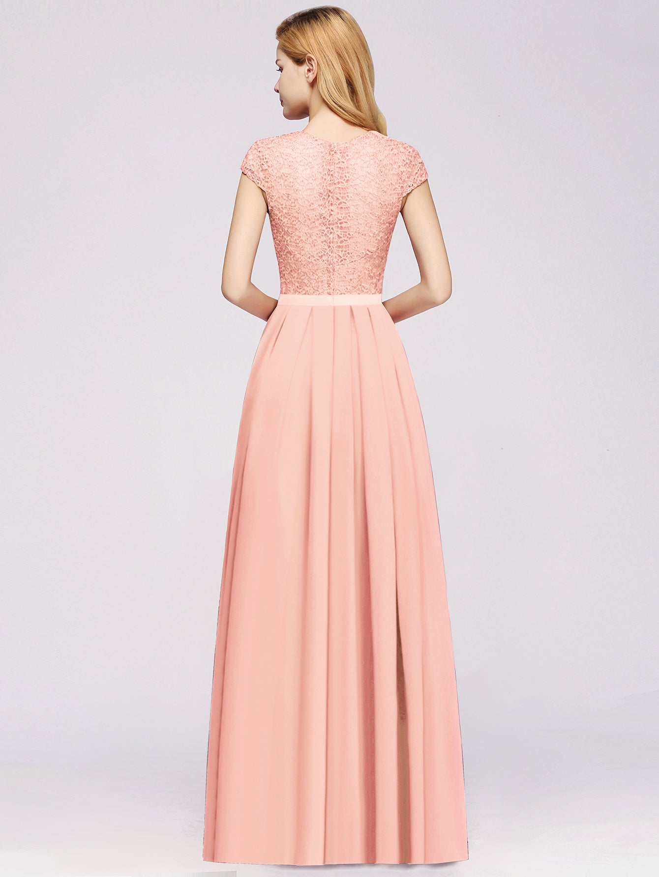 Long A-line Chiffon Crew Neck Lace Floor Length Bridesmaid Dress