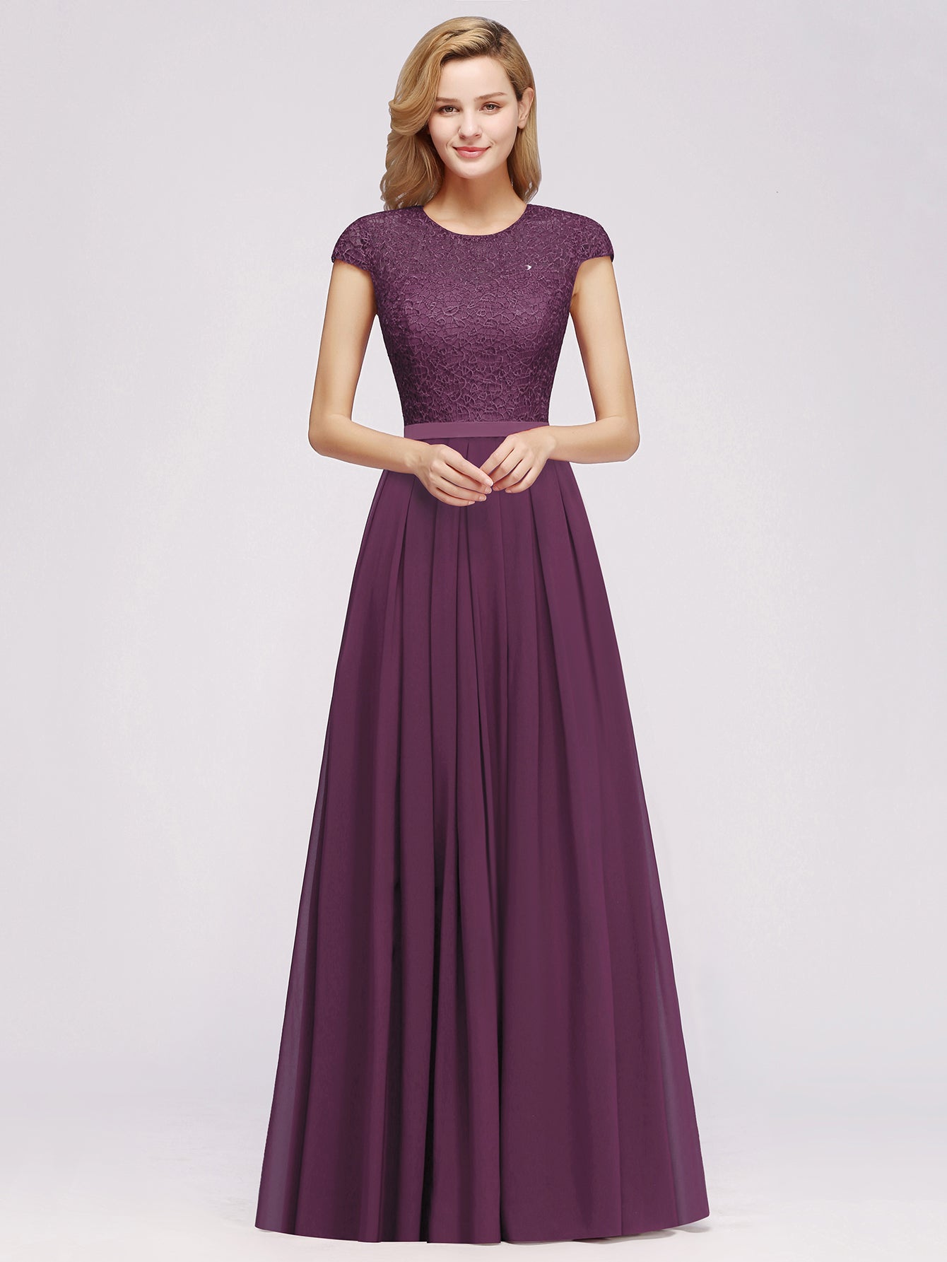 Long A-line Chiffon Crew Neck Lace Floor Length Bridesmaid Dress