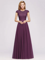 Long A-line Chiffon Crew Neck Lace Floor Length Bridesmaid Dress