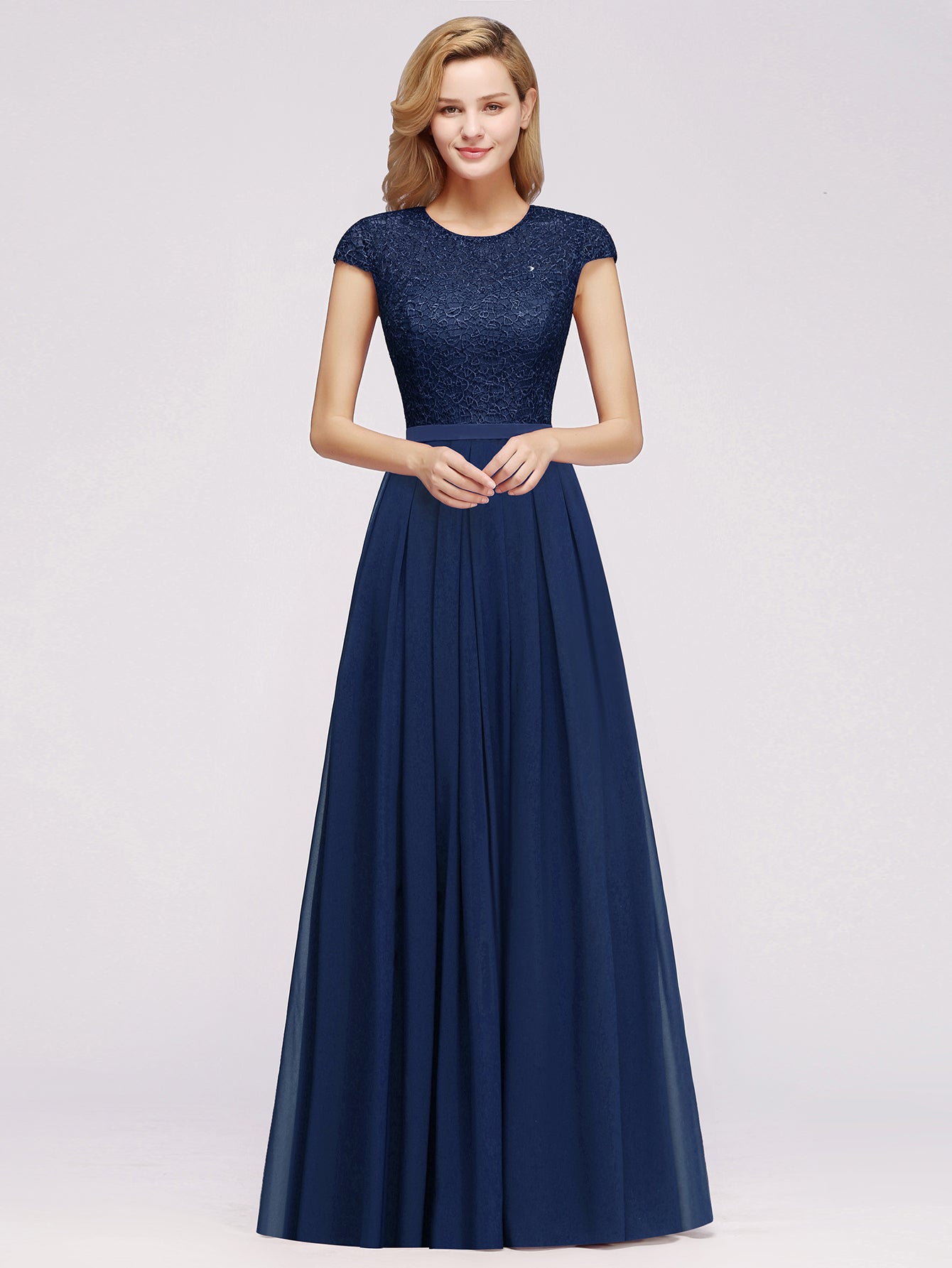 Long A-line Chiffon Crew Neck Lace Floor Length Bridesmaid Dress