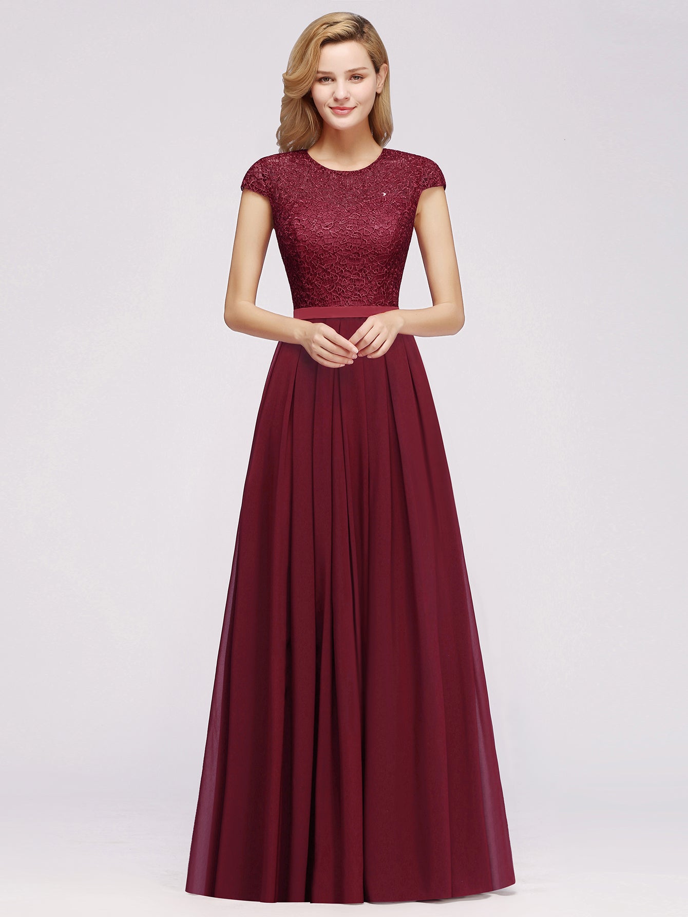 Long A-line Chiffon Crew Neck Lace Floor Length Bridesmaid Dress