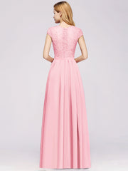Long A-line Chiffon Crew Neck Lace Floor Length Bridesmaid Dress
