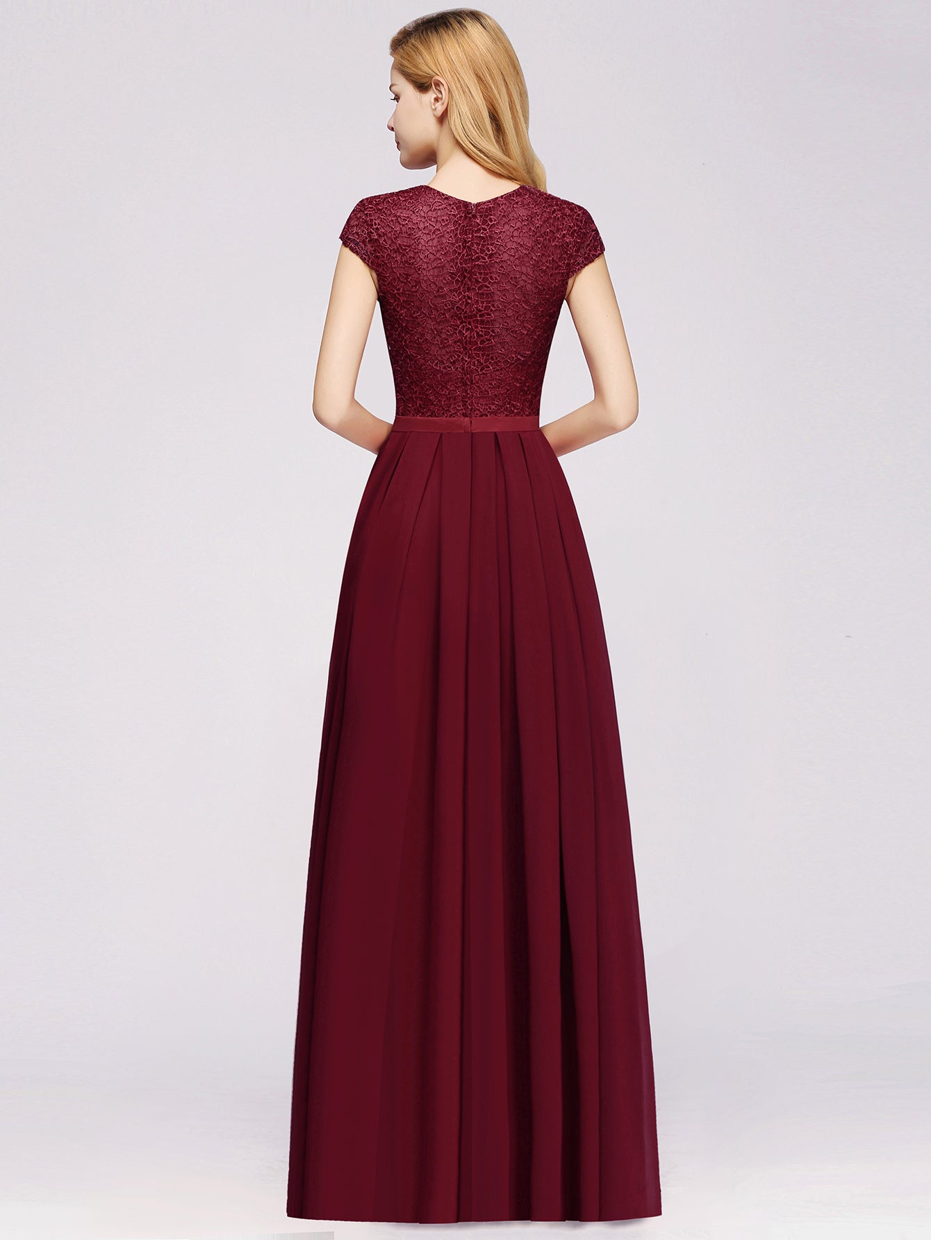 Long A-line Chiffon Crew Neck Lace Floor Length Bridesmaid Dress