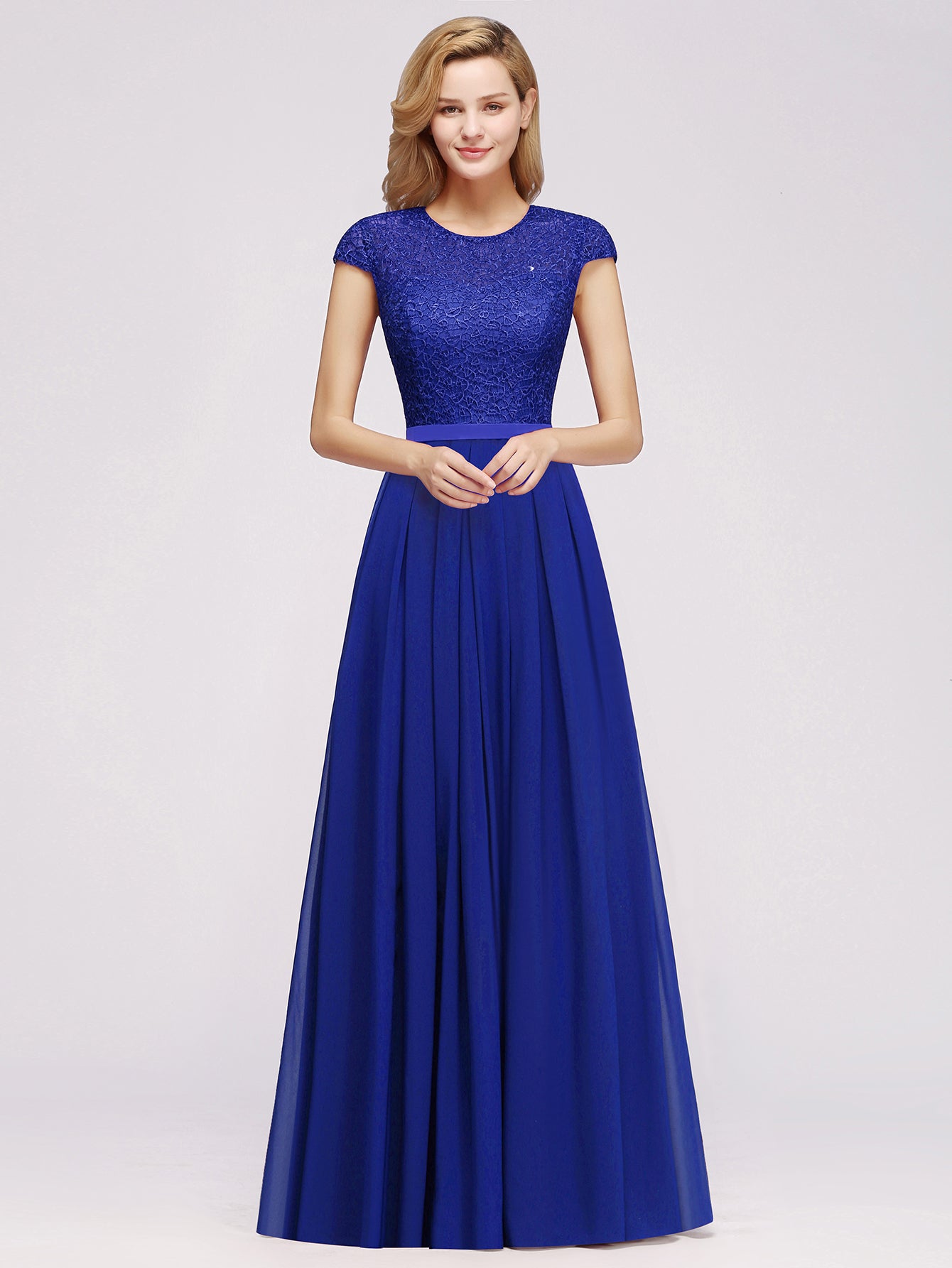 Long A-line Chiffon Crew Neck Lace Floor Length Bridesmaid Dress