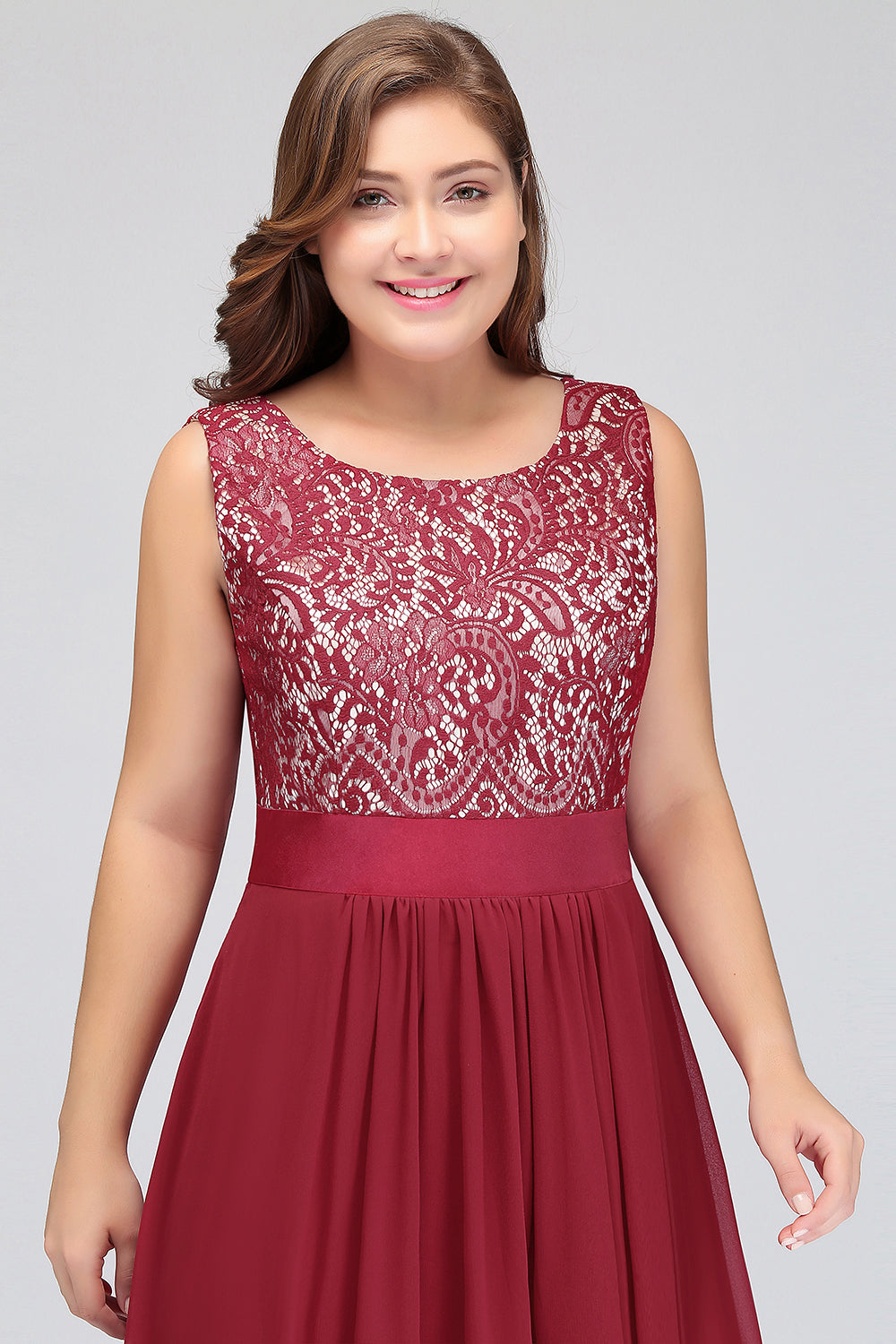 Plus Size A-line Scoop Neck Chiffon Long Formal Dress with Appliques Lace