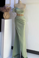 Off The Shoulder Mermaid Long Satin Prom Dress with Side Split