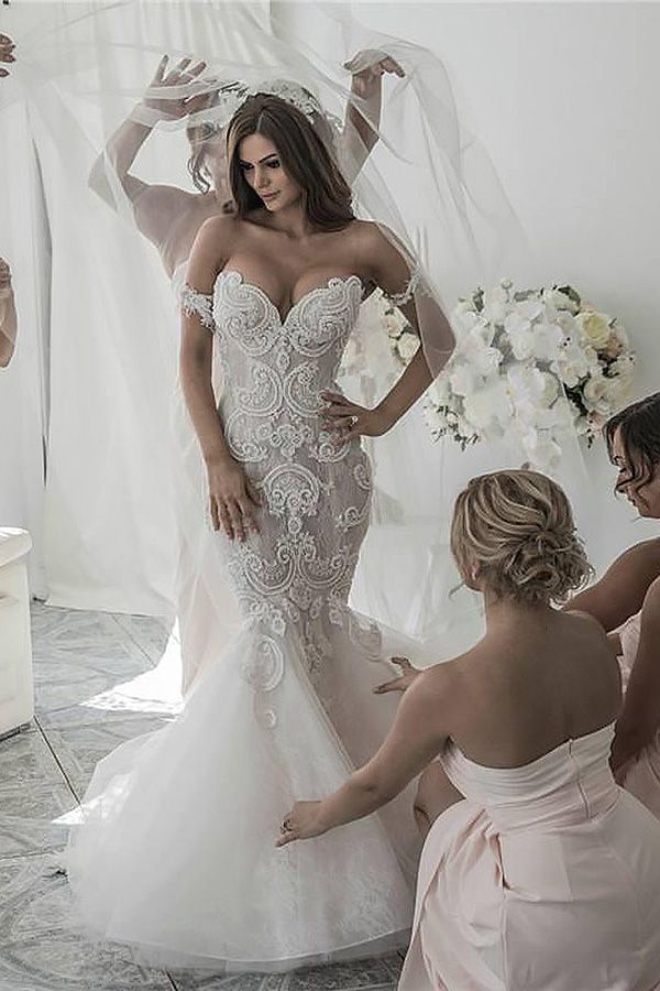 Long Mermaid Chapel Train Off the Shoulder Tulle Lace Wedding Dresses