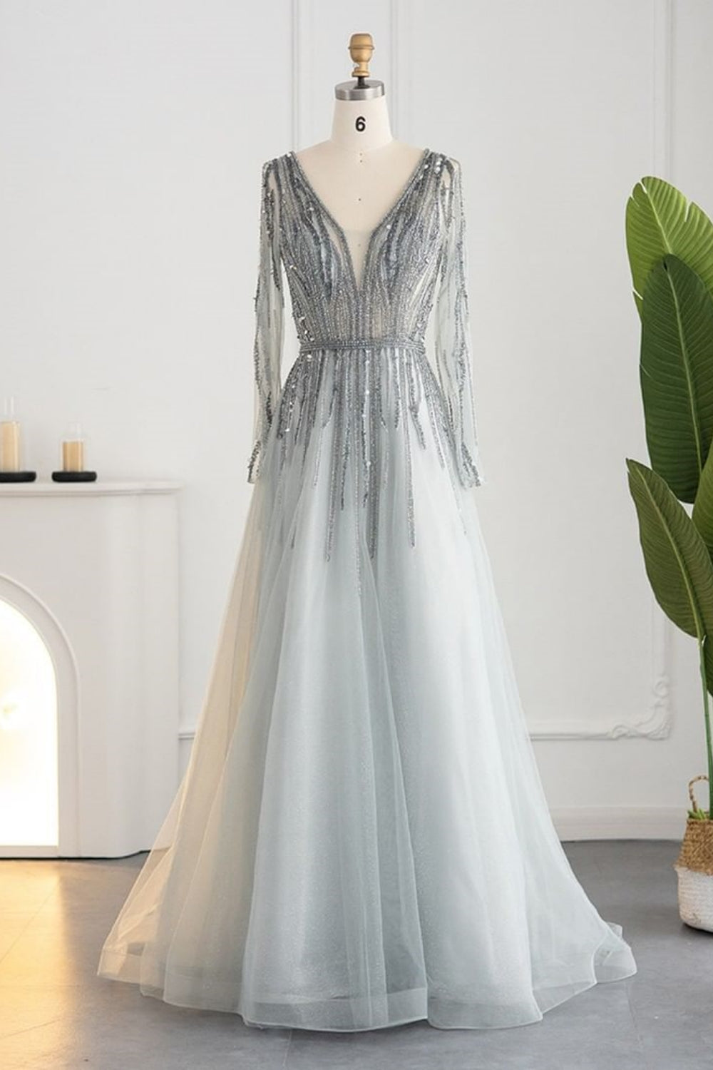 Long A-line V-neck Sequins Beading Tulle Formal Prom Dresses with Sleeves
