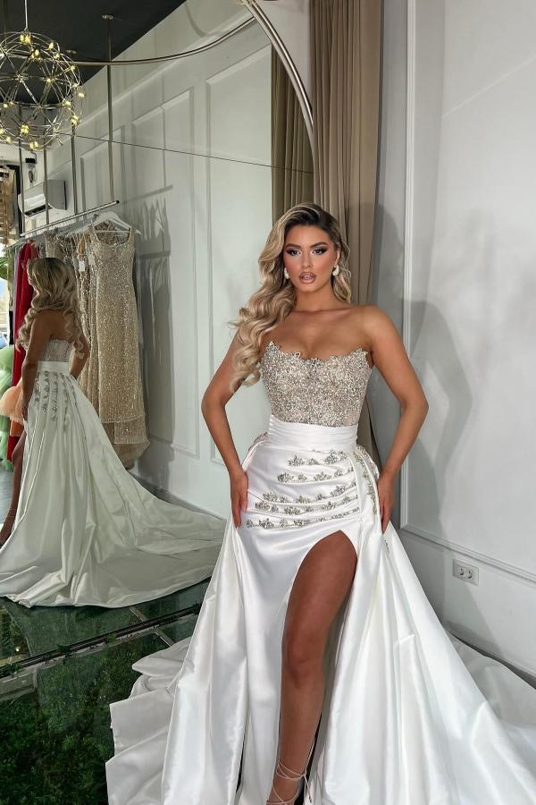 Long White Mermaid Sweetheart Satin Beading Prom Dresses with Split