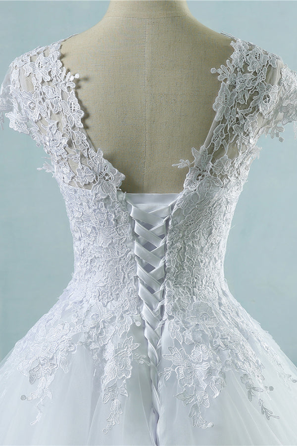 Long Ball Gown Appliques Lace Cap Sleeve Tulle Wedding Dress