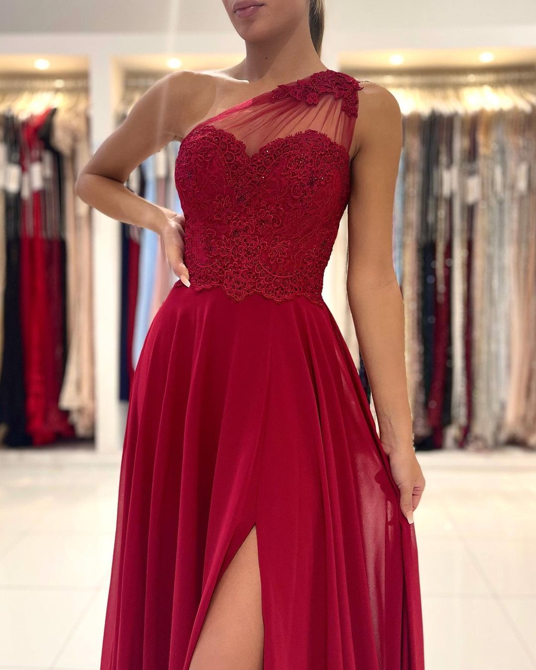 Long A-Line One Shoulder Appliques Lace Ruffles Chiffon Prom Dress With Slit
