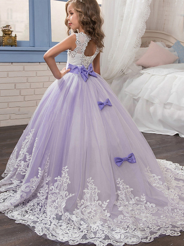 Long Ball Gown Tulle Lace Jewel Neck Pageant Flower Girl Dresses With Bow(S)