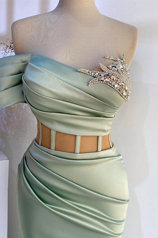Off The Shoulder Mermaid Long Satin Prom Dress with Side Split