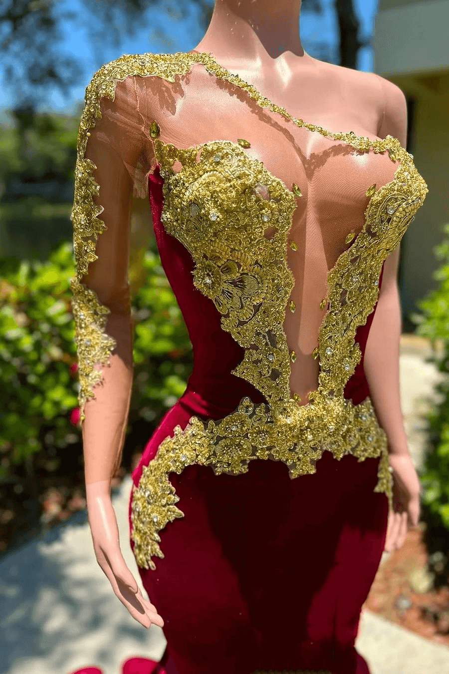 Long Mermaid V-Neck Appliques Lace Backless One Shoulder Velvet Formal Dress