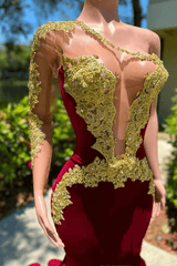 Long Mermaid V-Neck Appliques Lace Backless One Shoulder Velvet Formal Dress
