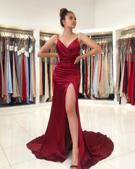 Burgundy Long V-neck Spaghetti Straps Backless Mermaid Prom Dress With Split